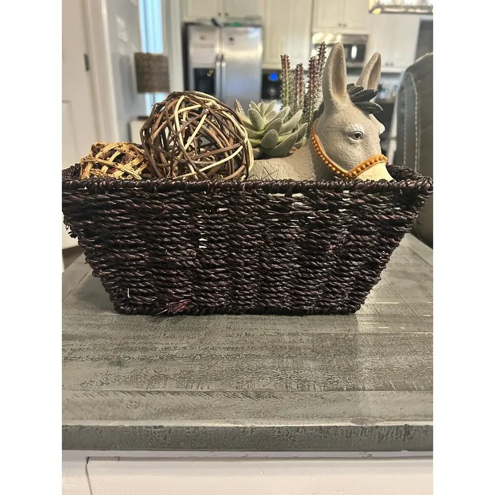 Dark Brown Woven Storage Basket Rectangle Decorative Basket Farmhouse Decor